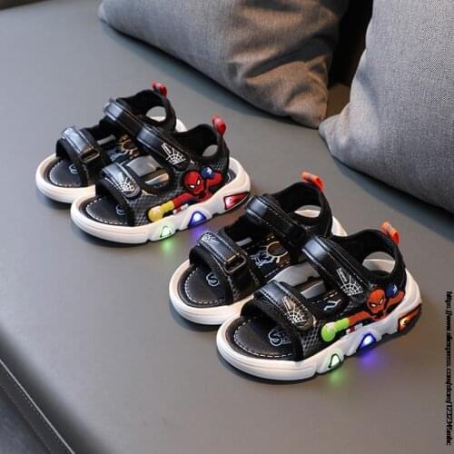 Disney SpiderMan childrens LED Glowing sandals kids beach soft-soled luminous sandals fashion non-slip Light up toddler shoes