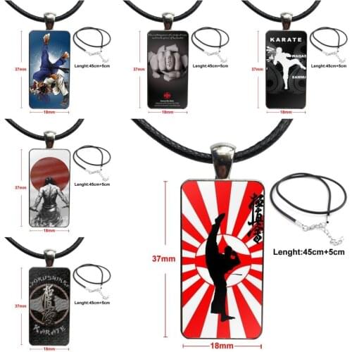 For Unisex Gift Kyokushin Karate Symbol Glass Cabochon Jewelry Stainless Steel Color With Long Pendant Choker Rectangle Necklace