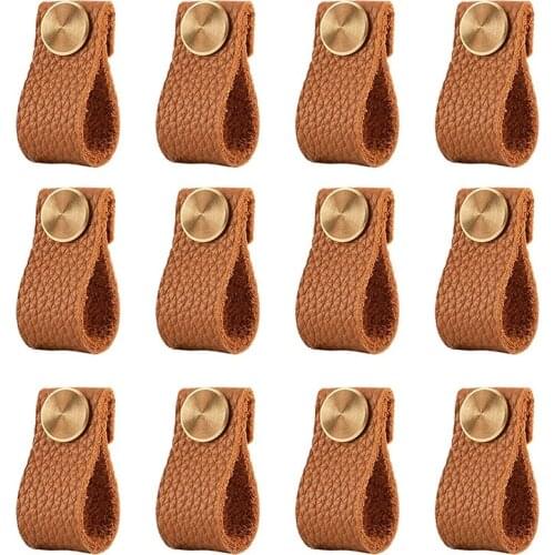 Leather Drawer Handle 12 Packs Leather Dresser Knobs with Fashional Gold Nut Metal Cabinet Knobs