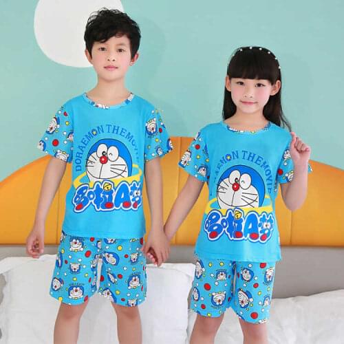 Cartoon Doraemon pattern Summer Childrens Pajamas Sets Nightwear Girls Short Sleeved Boys Sleepwear Sleep Suit Kids Pyjamas