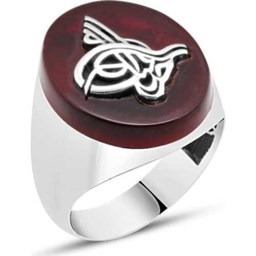 Agate Stone Monogram Sterling Silver Men 'S Ring