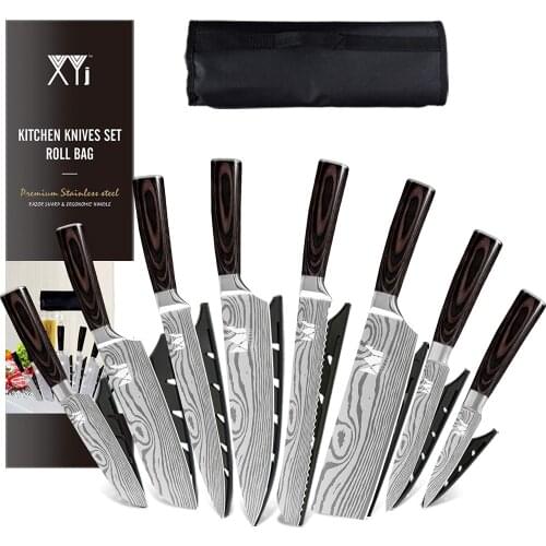 XYJ 8-pieces Stainless Steel Chef Knives Set Paring Utility Santoku Knife Cleaver Slicing Bread Kitchen Knife With Carrying Bag