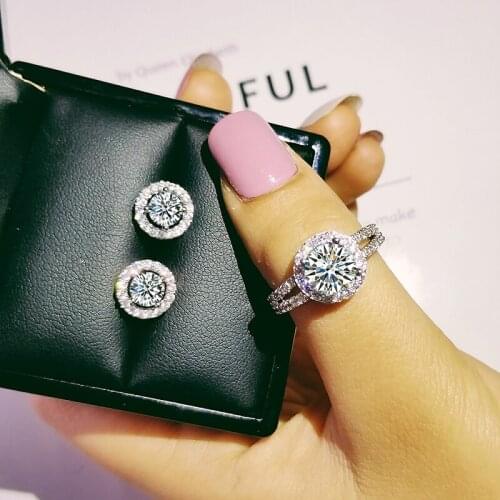 925 Sterling Silver Jewelry set halo Engagement ring round stud earring for Wedding Valentines Day gift Valentines Day J4931