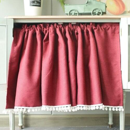 American Style Solid Wine Red Half Curtains Tube Curtain Coffee Tulle Short Curtains Ball Hem For Bar Kitchen Cabinet Decoration