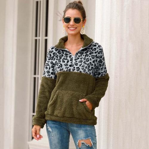 2020 Autumn Fleece Sweatshirt Women Winter Leopard Zip Fluffy Teddy Sweatshirt Female Long Sleeve Plush Sweatshirts For Women