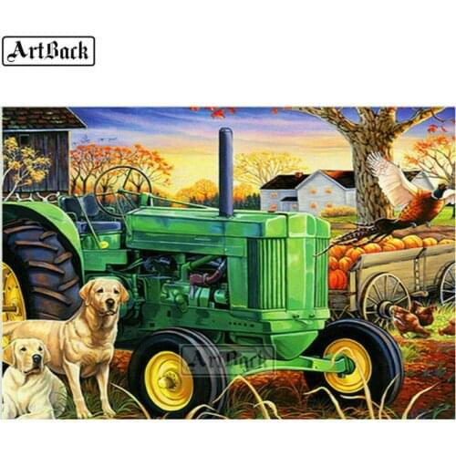 Landscape 5d diy diamond painting tractor dog sticker full square diamond mosaic 3d diamond embroidery home decoration