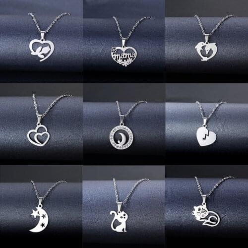 Simple Stainless Steel Necklace Cute Cat Star Moon Heart Pendent Necklaces For Charm Women Birthday Party Fashion Jewelry Gifts