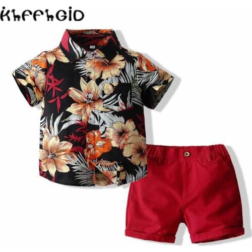 Lapel shirt childrens summer short sleeve cotton shirt belt shorts boys' Hawaiian Tropical shirt gentleman suit beach wear casu