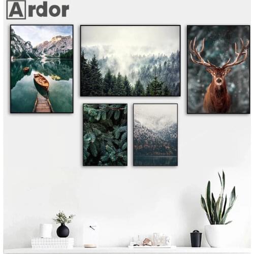 Scandinavian Fog Forest Deer Animal Nature Landscape Canvas Wall Art Print Painting Mountain Lake Boat Poster Picture Home Decor