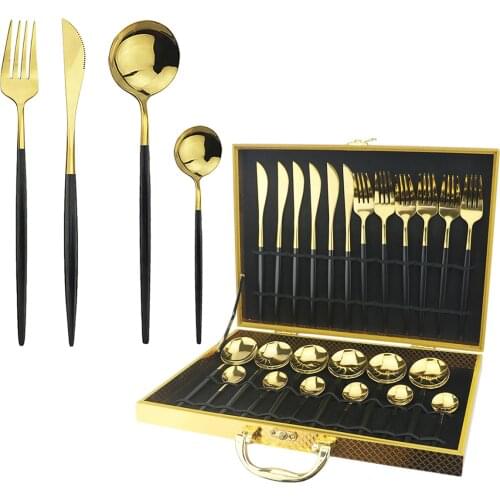 24Pcs Black Gold Flatware Set Knife Fork Spoon Dinner Set Stainless Steel Western Cutlery Set Tableware Silverware With Gift Box