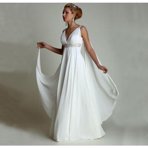 A-Line Wedding Dresses with Watteau Train 2020 Sexy V-neck Long Chiffon Grecian Beach Maternity Wedding Gowns Bridal Dress