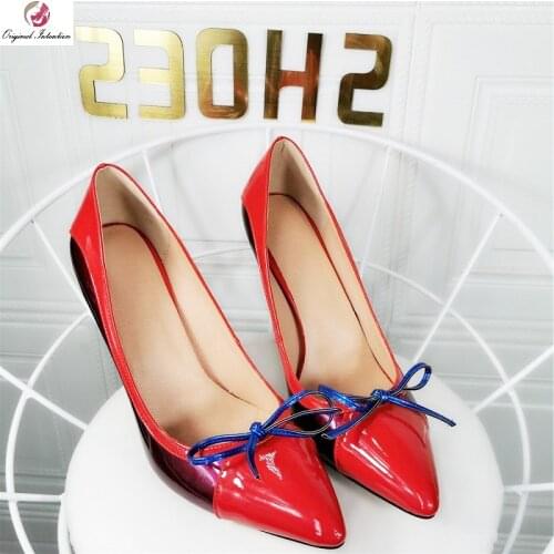 Womens Leather Red Burgundy High Heels Patchwork Pointed Toe Bowknot Stilettos Pumps Elegant Ladies Slip On Party Wedding Shoes