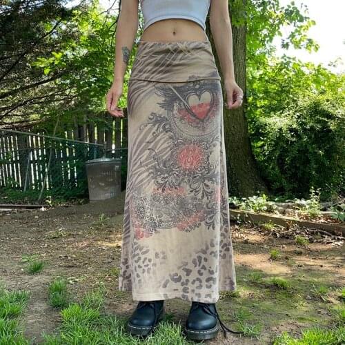 Hirigin Vintage Autumn Heart Print Grunge Fairycore Long Maxi Skirts Women Fashion Y2K 90s Aesthetic High Waist Clothes Skirts
