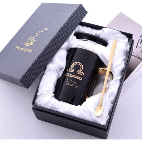 High-end Ceramic Coffee Mug Twelve Constellation Office Home Coffee Cup with Lid with Spoon Gift Box Set Couple Cups Drinkware