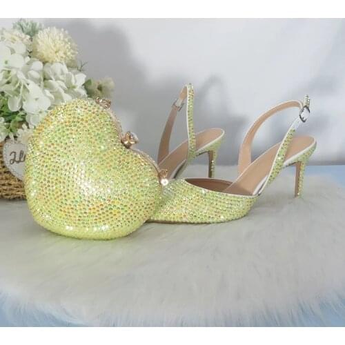 Yellow Crystal Pointed Toe Sandals Bridal Wedding Shoes And Heart Bag Ladies Party Dress Thin Heels Womens High Heel Handbag