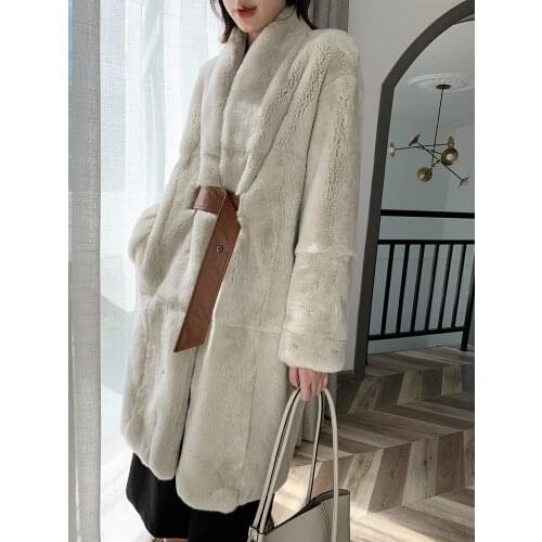 Fashion Genuine Rex Rabbit Fur Coat Long Warm Female Jacket Autumn Winter 2021 Coats and Jackets Women Roupas Femeninas Zjt1671