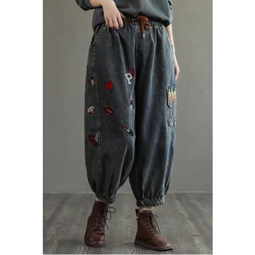 21New Women Denim Jeans Autumn Vintage Loose Washed Cartoon LetterEmbroidery Pockets Female Fashion Bloomers