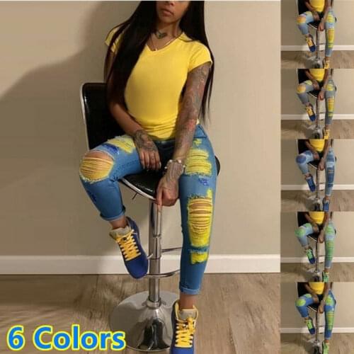 Ripped Jeans for Women Summer Sexy Skinny Stretch High Waist Distressed Jeans Female Retro Solid Denim Pencil Pants Streetwear