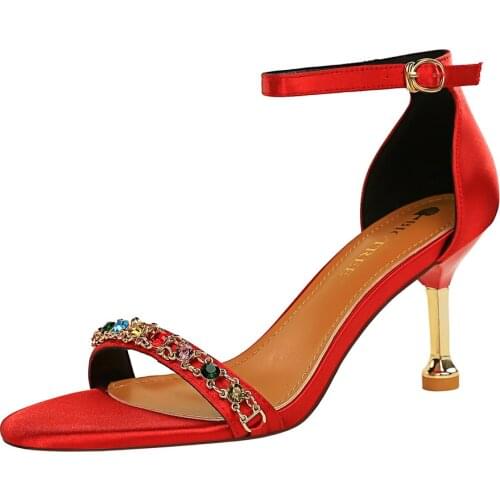 Women Party Dress Shoes Red Sandals Thin Heel Sexy Luxury Dance Shoes 7cm High Heels Open Toe Wedding Shoes Bride Crystal