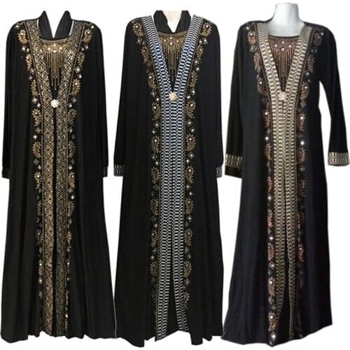 Abayas Dresses for Women Casual Dresses Fashion Black Loose Long Sleeve Gold Floral Printing Maxi Dress Simple Style Slim Robes