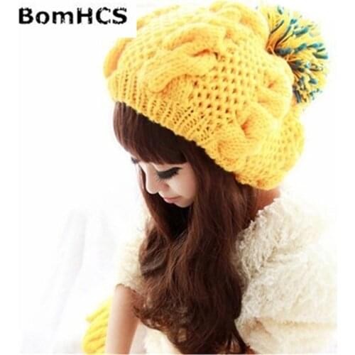 BomHCS Yellow Paisley Twisted Flowers Winter Warm Wool Women Handmade Knit Beanie Hat Cap