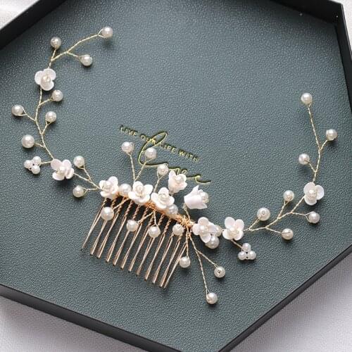 Gold Tiara Hair Combs Pearls Hair Accessories For Party Handmade Women Headbands Hair Ornaments Fashion Jewelry