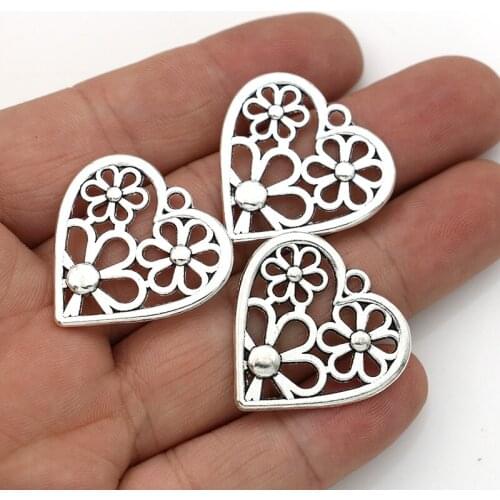 10PCS Antique Silver Plated Flower Heart Charms Pendants for Jewelry Making DIY Handmade Accessories
