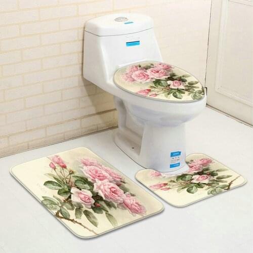 3pcs/Set Flower Bird Pattern Bathroom Mat Set Peacock Koi Floral Plant Water Scenery Bath Decor Bathtub Toilet Non-Slip Carpet