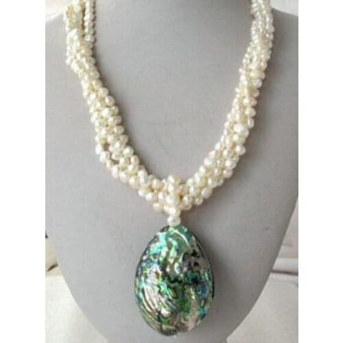 4 ROW White Nugget Baroque Pearl Necklace Abalone Pendant 20"