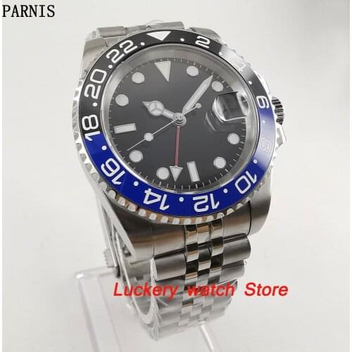 40mm Parnis Black and blue Ceramic Bezel black dial orange GMT luminous marks sapphire glass automatic Mens Watch-PA73