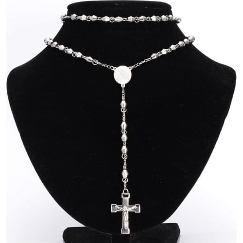6mm Stainless Steel Bead Chain Rosary for men Jesus Cross Pendant Long Necklace High quality chain rosaries wholesale