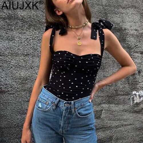 AIUJXK Heart Print Black Tank Camis Women 2021 Summer Fashion Lace Up Strap Crop Top Female Streetwear TShirt Club Outfits