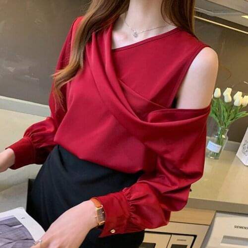 Korean fashion Womens tops and blouses Elegant Round neck Strapless long-sleeved Stain OL Shirt Blusa