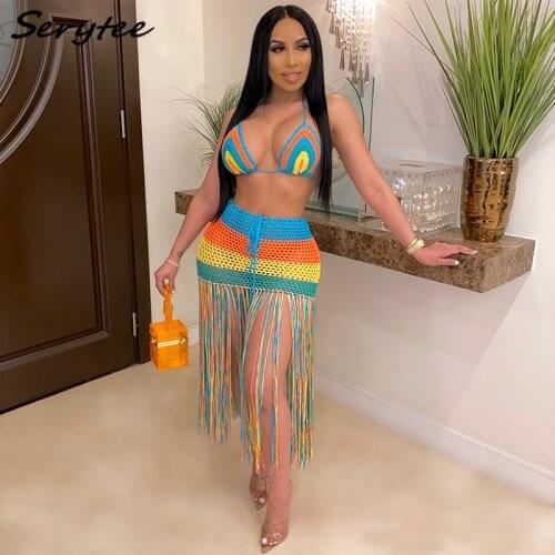 Serytee Bohemian Beach Two Piece Set Skirt Women 2021 Halter Bra Crop Top And Long Skirts Tassel Party Matching Sets