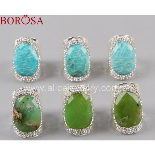 BOROSA 5PCS Silver Color Rhinestone Pave Multi-kind Faceted Stones Rings Natural Austrlian Jades Amazon Stone Drusy Rings JAB946