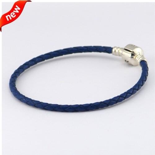 Dark Blue Leather Bracelet Women Jewelry 925 Sterling Silver Clasp Bracelets DIY Making Pulseras Berloques