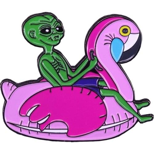 Alien ride flamingo enamel pin space ET brooch funny cute badge science jewelry novelty decor
