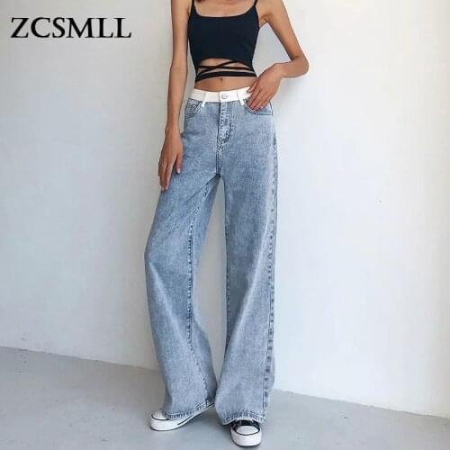 ZCSMLL Patchwork Color Jeans High Waist Womens Trousers Straight Loose Denim Wide-leg Pants 2021 Autumn New Korean Version