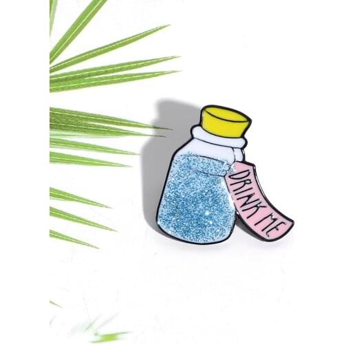 Cartoon Blue Drifting Bottle Enamel Pins Custom Glitter Brooches Fashion Bag Clothes Button Badge Jewelry Gift for Kids Friends