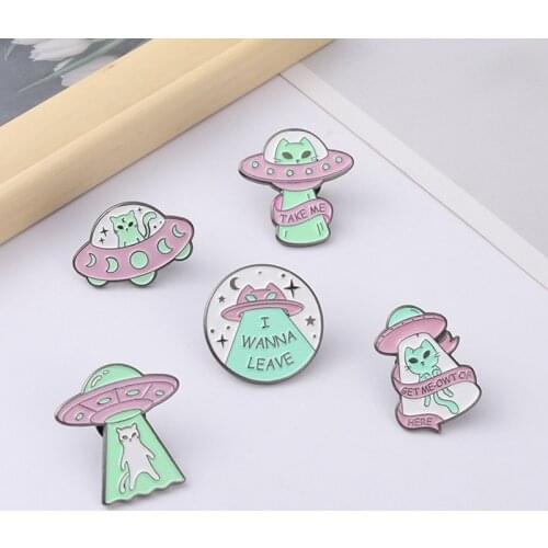 Alien Cat Enamel Pins UFO Space Ship Badges Take Me Leave Here Brooches For Women Men Outer Space Jewelry Universe Nerd Gifts