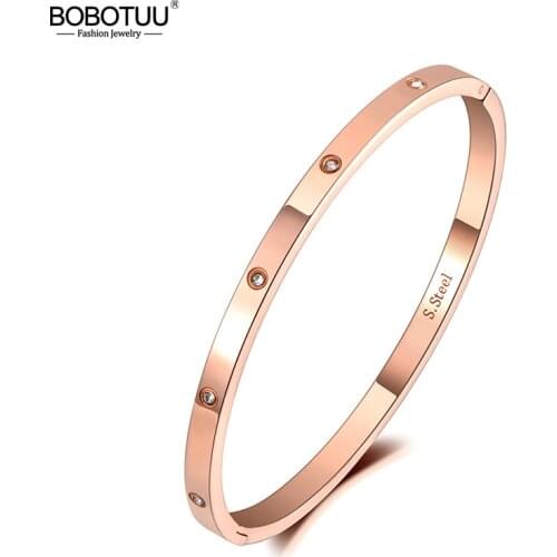 BOBOTUU Luxury CZ Crystal 4mm Cuff Bangle For Women Girls Cubic Zirconia Love Titanium Stainless Steel Bracelet Jewelry BB19063