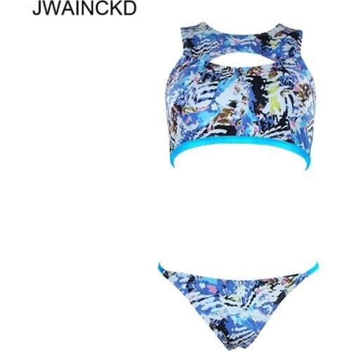 JWAINCKD Bikinis 2018 Mujer Push Up Swimsuit Female Front Hollow Out Swimwear Swimming Suit For Women Blue Print Biquini Beach