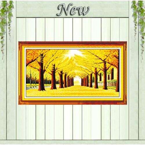 Golden autumn maple leaf scenery diy painting Cross Stitch DMC 14CT 11CT Counted print on canvas Embroidery sets Needlework kits