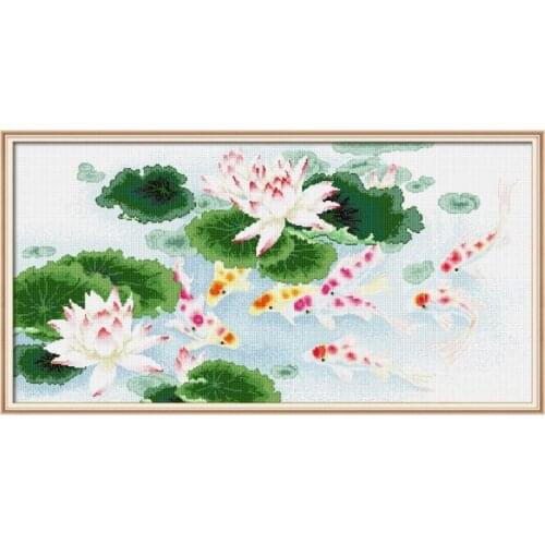 Nine fishes and lotus picture cross stitch kit Square Round Drill stitching embroidery DIY handmade needlework