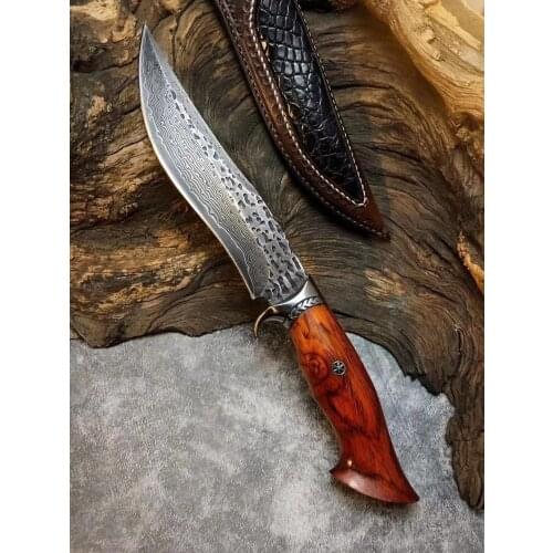 Handmade Hunting Knife Damascus Steel Fixed Blade Knife Leather Sheath Dalbergia Wood Handle Outdoor Survival Camping EDC Tool