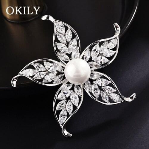OKILY Creative Big Zircon Flower Brooch Pins Silver-color Simulated Pearl Brooches for Women Bijoux Pins Clothing Accessories