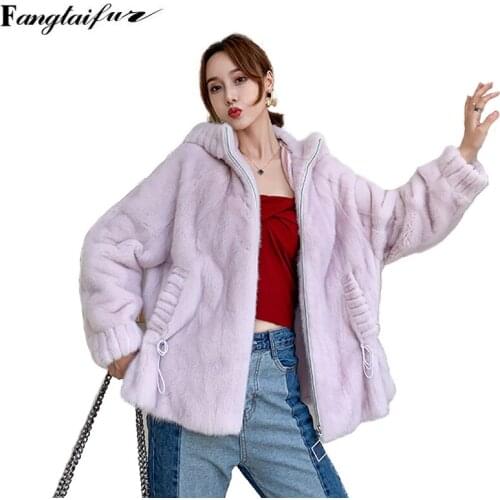 Ftangaiur 2019 Winter Import Velvet Mink Fur Coat Slim With Fur Hood Loss Natural Fur Coats Womens Medium Real Mink Fur Coats