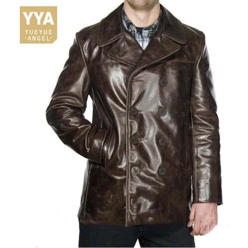 Vintage Cow Leather Double Breasted Trench Coat Men Winter Thicken Slim Fit Genuine Leather Long Jacket Business Casual Overcoat