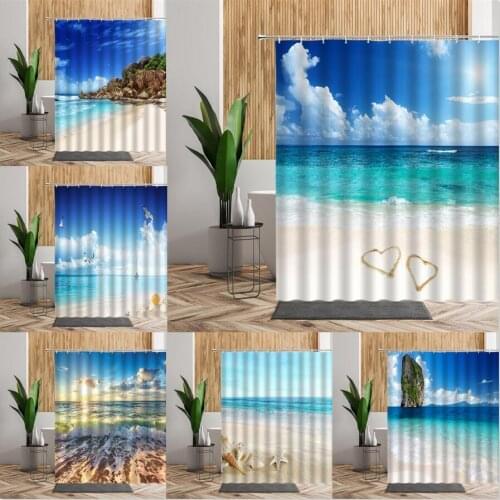 Beach Sea Scenery Shower Curtains Set Sand Starfish Conch Bath Curtain Waterproof Polyester Sunny Summer Backdrop Bathroom Decor