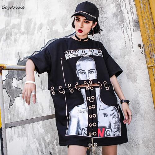 2019 Metal Ring T Shirt Summer Cotton Women High Street Loose Hollow Out Hip Hop Style Casual T-Shirt Letter Tops S40